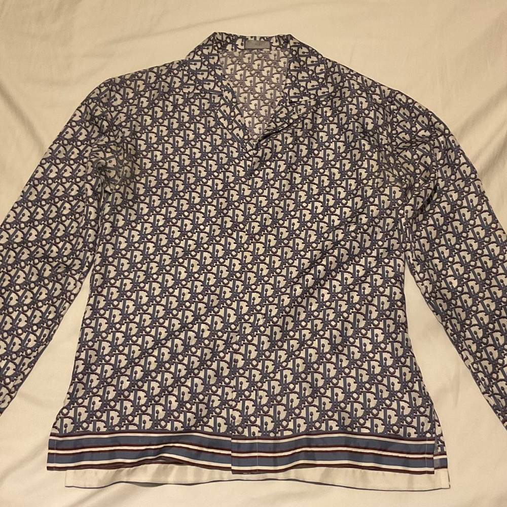 Authentic Dior Oblique Long Sleeved Shirt White and Navy Blue Silk Twill